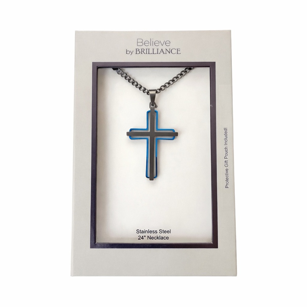 Believe by Brilliance Stainless Steel Cross Necklace 24” Blue Accent